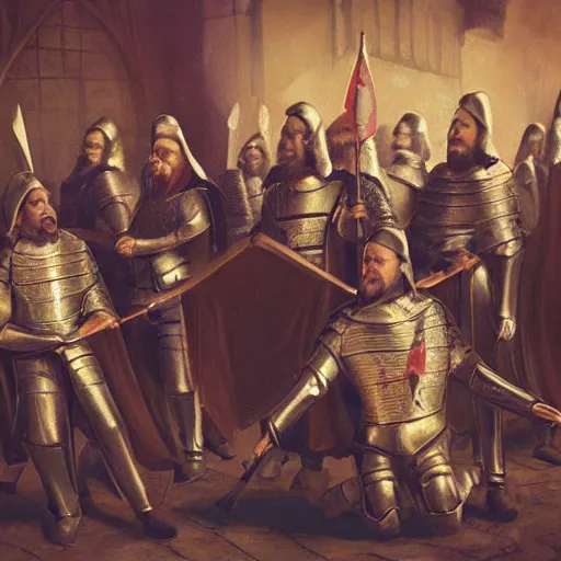 Image similar to award winning portrait photo of knights templar having a party, photorealistic