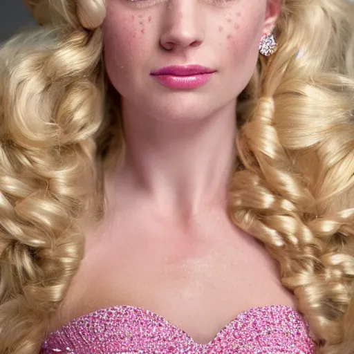 Image similar to close up headshot of a princess with long blonde hair and light blue eyes wearing a strapless elaborately beaded pink dress, high resolution film still, 8k, HDR color, film by Simon Langton and David Frankel, triangular face, slight freckles, round narrow chin, straight jawline, natural lips, high cheekbones