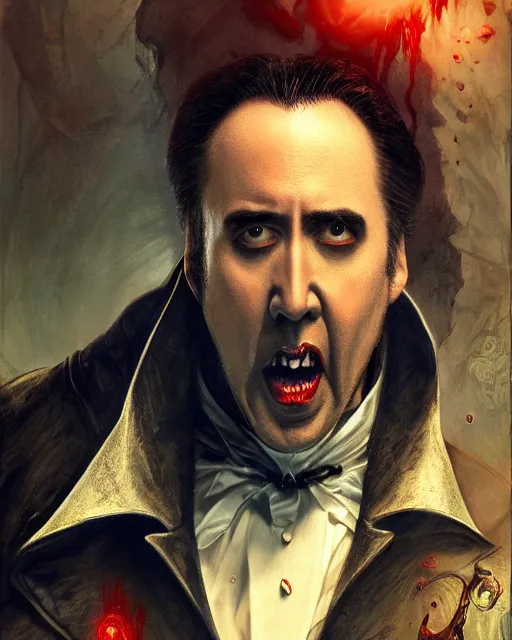 Image similar to nicolas cage as dracula, drink blood, highly detailed, centered, artstation, concept art, smooth, sharp focus, illustration, bokeh art by artgerm and donato giancola and joseph christian leyendecker