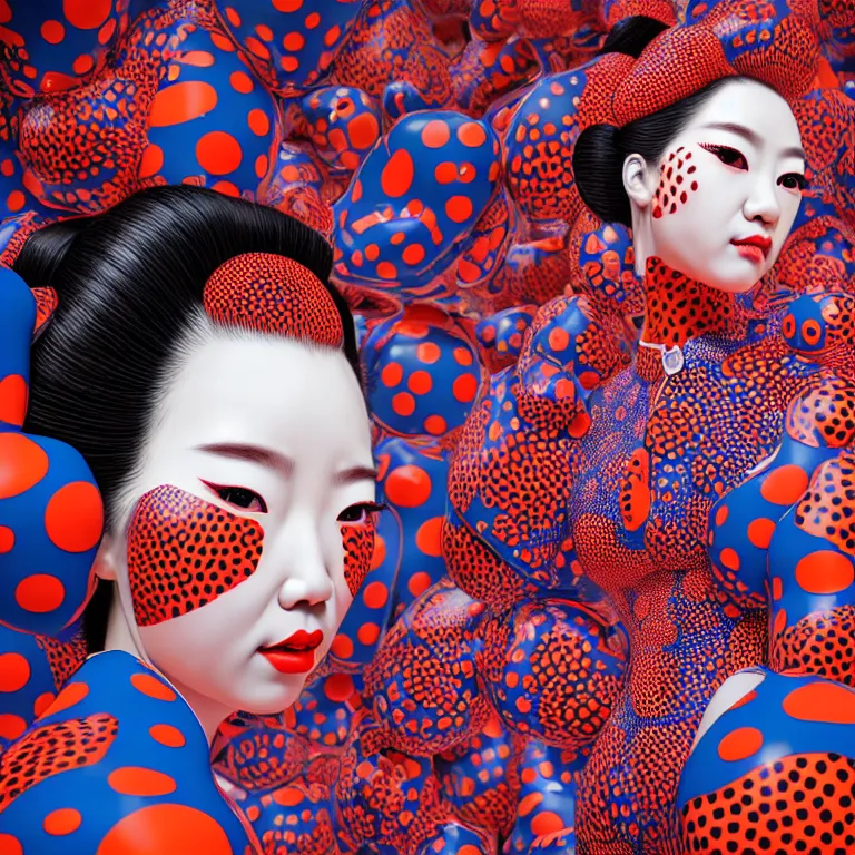 Image similar to hyperrealistic detailed image of a geisha in a art installation room, hd smooth interior by yayoi kusama, part by kei mieno, part by ross tran, dark art by james jean, ultra realistic, highly detailed, life like face, detailed body, 8 k, 3 d render by roger magrini, very cohesive, masterpiece