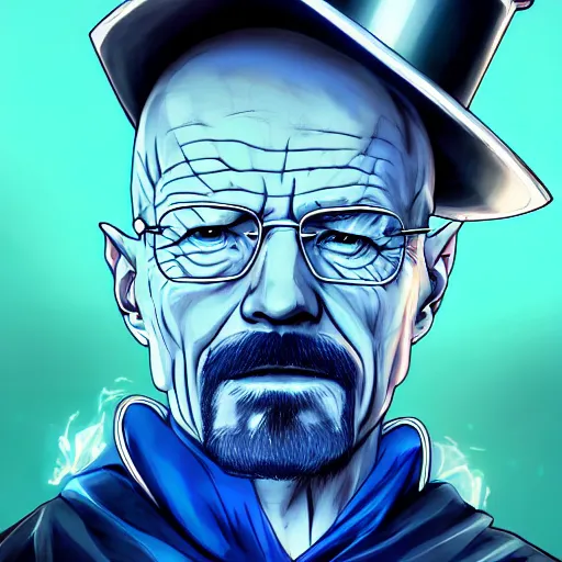 Prompt: portrait of walter white the blue flaming incarnation of chemistry, anime fantasy illustration by tomoyuki yamasaki, kyoto studio, madhouse, ufotable, trending on artstation