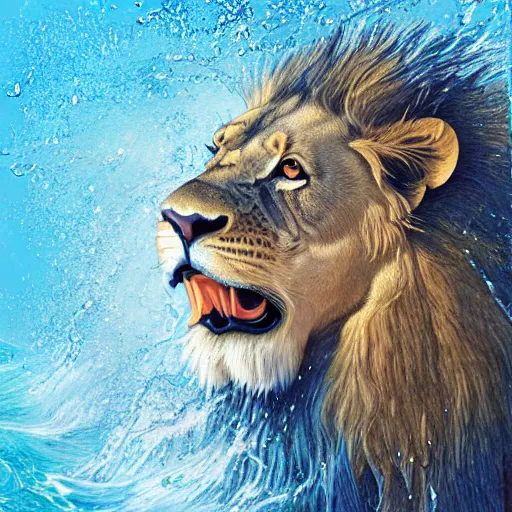 Image similar to a male lion's face breaching through a wall of water, water sprites, splashing, deep blue water color, highly detailed, realistic digital art