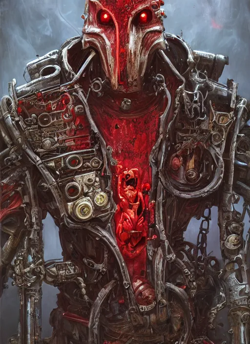 Image similar to portrait of rotten Nicolas Cage as adeptus mechanicus in red hood and robe from Warhammer 40000, mechanical tentacles. Highly detailed, artstation, illustration by and John Blanche and zdislav beksinski and wayne barlowe