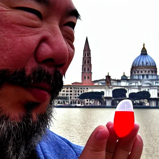 Image similar to artistic photograph by ai weiwei of a man showing ( ( ( stinky finger ) ) ) with condom on it ( ( ( from behind ) ) ), st peter's basilica slighly out of focus in background, cell phone photo