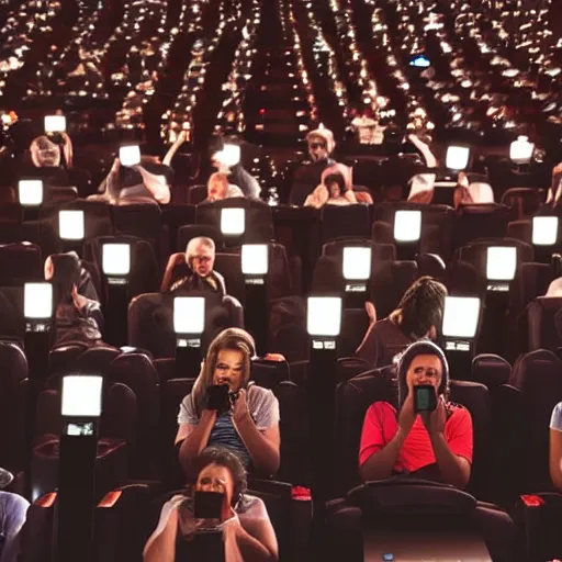 Image similar to people in a very dark movie theatre playing on their cellphones, faces illuminated by cellphone light