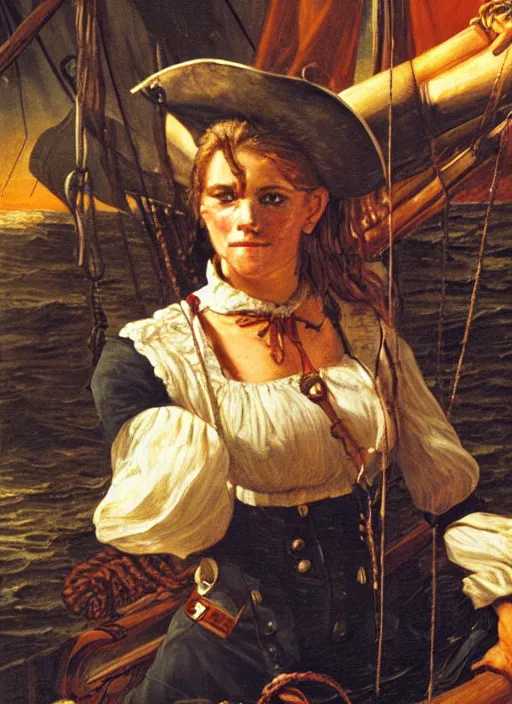 Prompt: close - up portrait of a female pirate with two peglegs and two hook hands, standing at the wheel of a galleon, sails and rigging, detailed dynamic light painting by albrecht anker