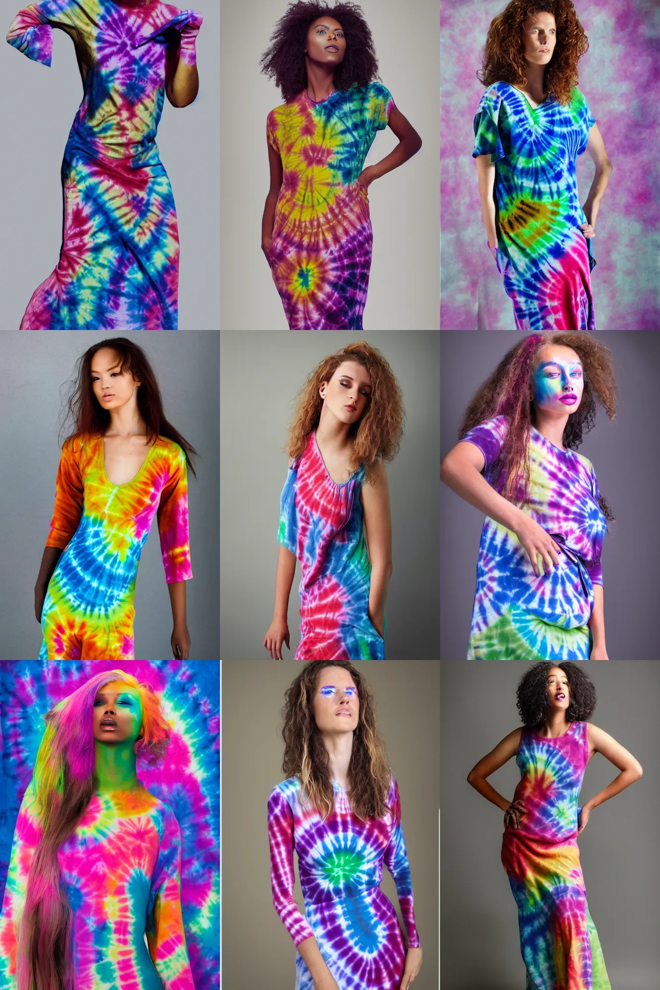 Prompt: a beautiful woman model dressed in a tie - dye dress, studio photo, hyperrealistic