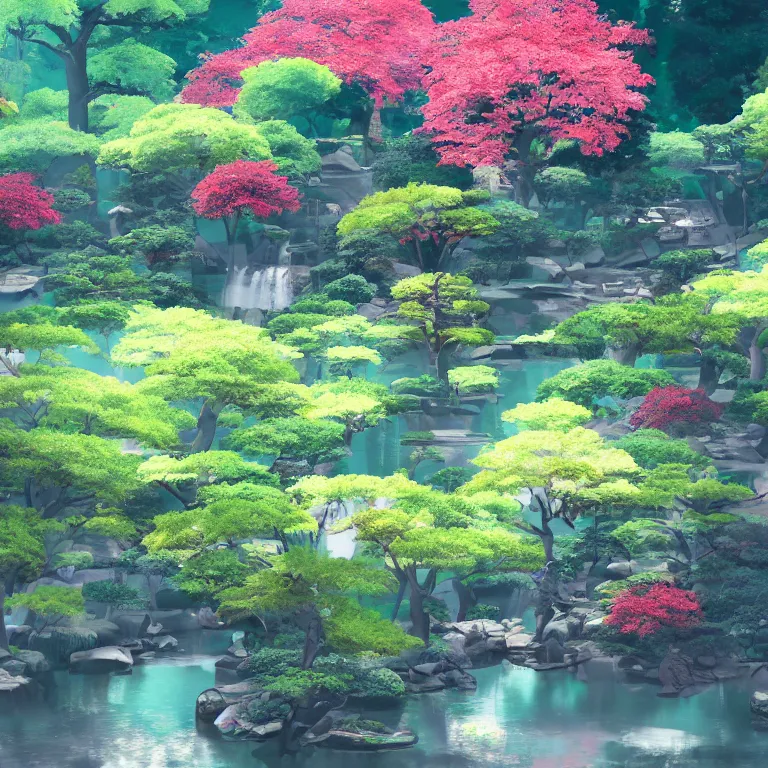 Prompt: beautiful illustration of electronic japanese gardens, trending on pixiv, artstation