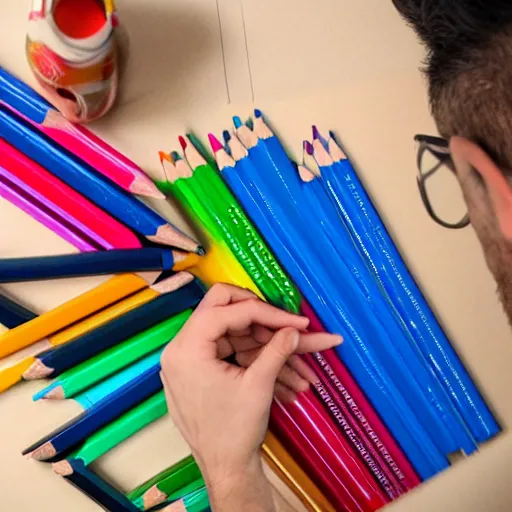 Prompt: exhausted man surrounded by colored pencils and papers