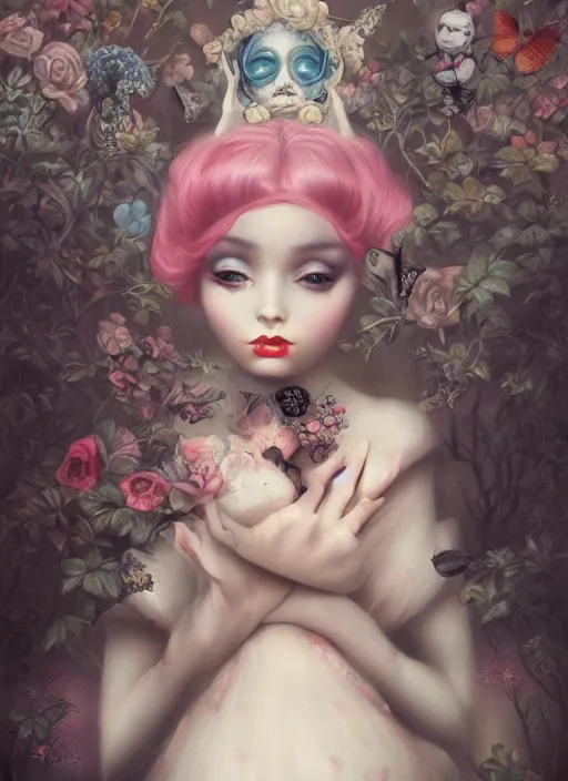 Image similar to pop surrealism, lowbrow art, realistic cute dress fashion painting, japanese street fashion, hyper realism, muted colours, rococo, natalie shau, loreta lux, tom bagshaw, mark ryden, trevor brown style,