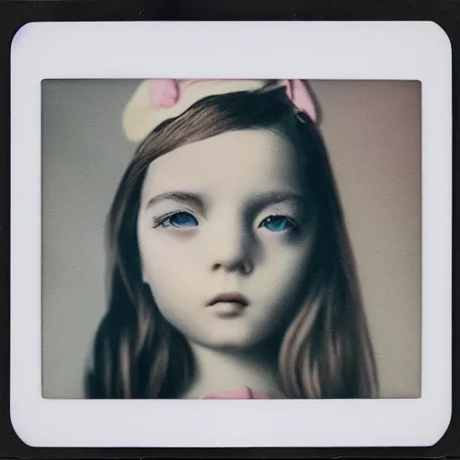 Image similar to a porcelain portrait of a girl is melting like an ice cream, realistic detailed photography polaroid