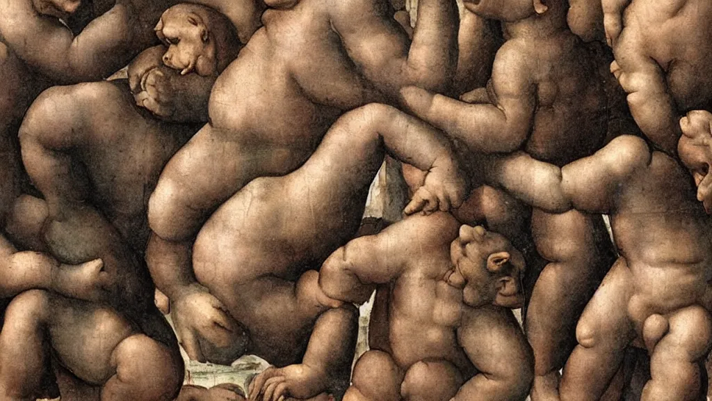 Prompt: fresco of chimpanzees, painted by Michelangelo, 1510