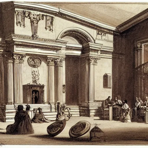 Image similar to a sketch of an opera scenography of and old museum by frazzeta.