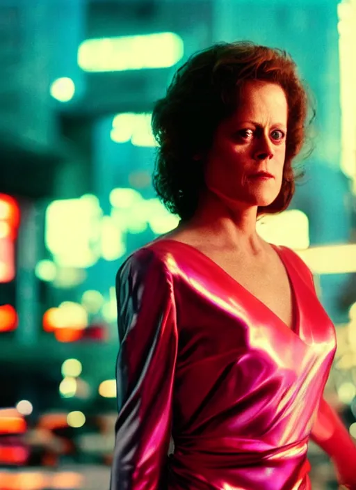 Prompt: A hyper realistic and detailed head portrait photography of Sigourney Weaver in iridescent dress on a futuristic street. by Annie Leibovitz. Neo noir style. Cinematic. neon lights glow in the background. Cinestill 800T film. Lens flare. Helios 44m