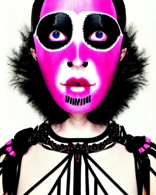 Image similar to symmetrical portrait of a woman face with pink frizzy hair, wearing a embroidered black mask by alexander mcqueen, bjork aesthetic, masterpiece, in the style of miles aldridge, cyberpunk