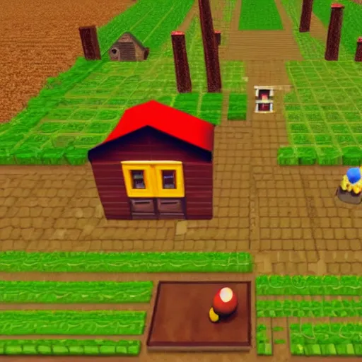 Image similar to a small vintage farm on fire in a corn field in the style of Mario 64, gameplay footage