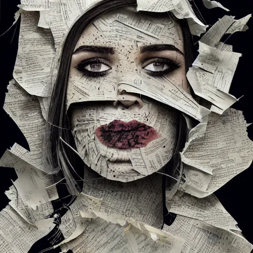 Image similar to face shredded like paper news, dark, surreal, illustration, by ally burke