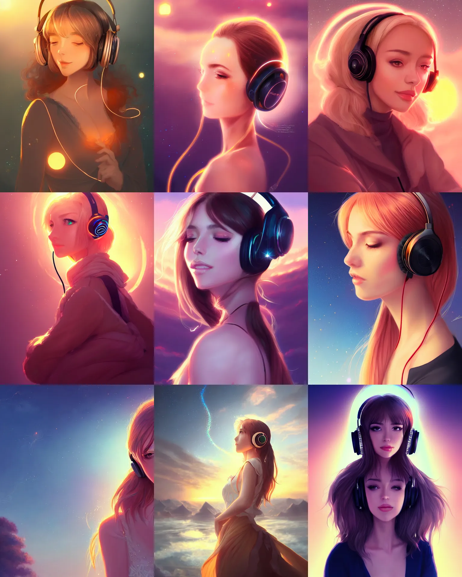 Prompt: Portrait of an elegant woman with headphones in a warm glowing scenery, sunset, fantasy, anime, intricate sparkling atmosphere, artstation, fine art, artgerm