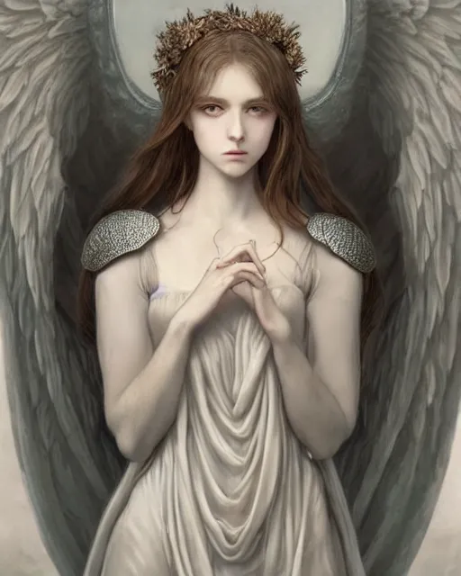 Image similar to an infinitely detailed portrait of a frail and pale female peace angel elegantly. fully - clothed full - body, beautiful! scenery art!! coherent! by wlop & murata, victorian color palette, artstation / pixiv!! highly elegantly armored angel portrait full - body, dreamy art