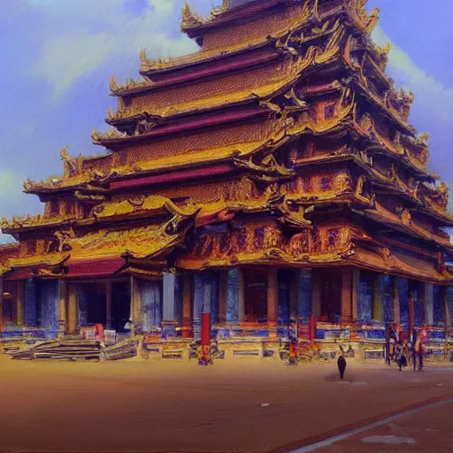 Prompt: A painting of a temple, invaded by robots, by Jean Giraud and Ruan Jia, Trending on artstation.