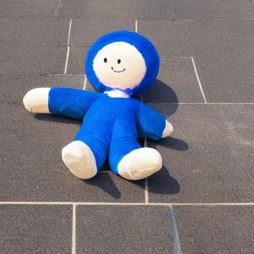 Image similar to blue'snappy gifts'human - sized plush doll, on sidewalk, holding gift, happy atmosphere, high detail, soft lighting, 8 k