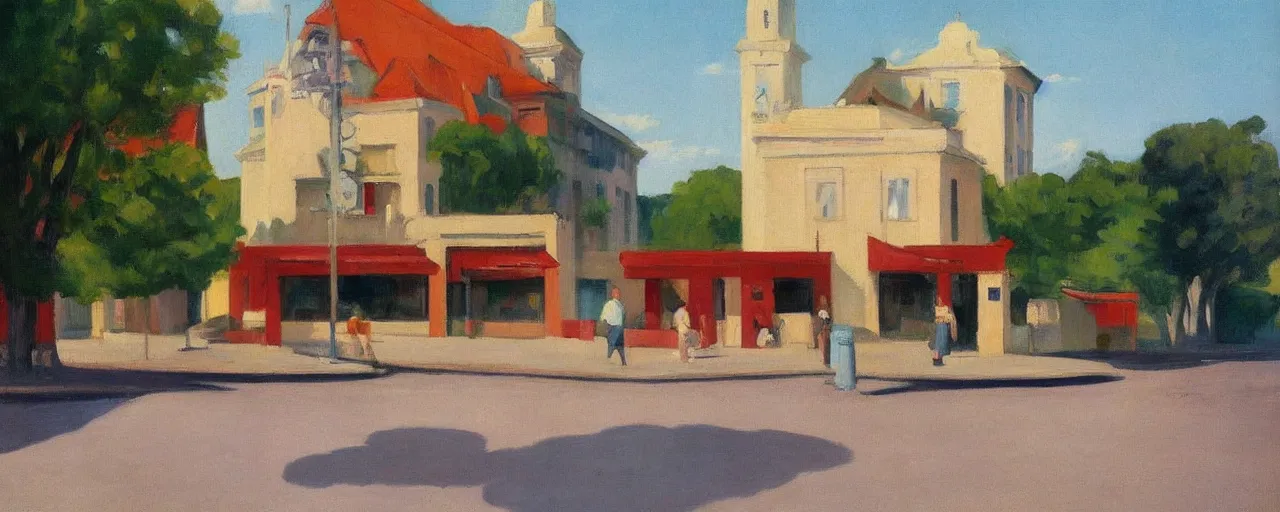 Prompt: an edward hopper style painting of a ( ( ( ( ( ( ( ( miskolc, a city in northeastern hungary ) ) ) ) ) ) ) ), summer, july of 1 9 4 8