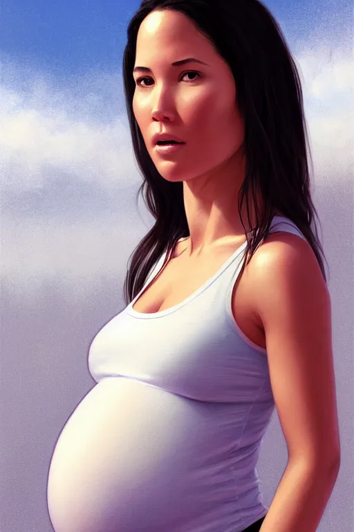 Image similar to pregnant olivia munn in a white tank top, realistic portrait, symmetrical, highly detailed, digital painting, artstation, concept art, smooth, sharp focus, illustration, cinematic lighting, art by artgerm and greg rutkowski and alphonse mucha