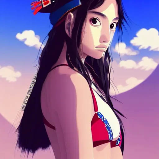 Image similar to a beautiful young japanese natalie portman alluring gravure model, anime graphic illustration, wearing oversized designer bomber jacket and one piece bikini, bulky poofy bomber jacket with mesoamerican patterns, mesoamerican native street fashion, princess mononoke screenshot, aesthetic, gorgeous, stunning, alluring, attractive, artstation, pinterest, digital art