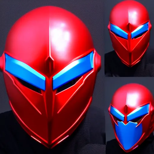 Image similar to High Fantasy Kamen Rider Helmet, red and blue color scheme, 4k, glowing eyes, daytime, rubber suit, dragon inspired pvc armor