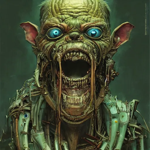 Image similar to ragged cyborg goblin with maniacal expression and bulging eyes inside byzantine hong kong hoarder labaratory, portrait by by greg rutkowski and h. r. giger and stalenhag and deak ferrand, studio ghibli composition