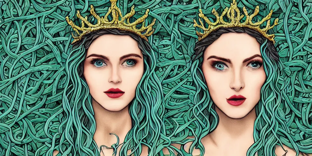 Image similar to queen of snakes, pale blue skin and emerald eyes, wearing a crown of vines