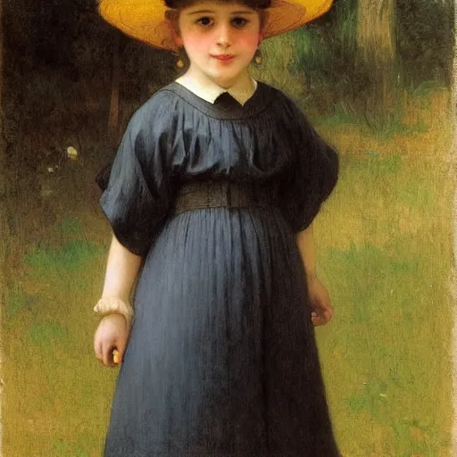 Prompt: young girl wearing a straw hat and a yellow shirt, full-length, bouguereau