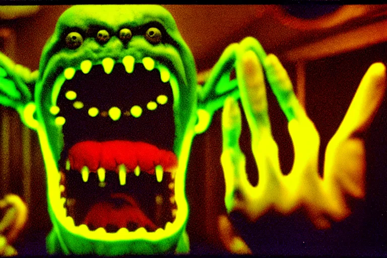 Image similar to a scary filmic wide shot color ground level angle movie still 35mm film photograph of the full body of a dangerous shape shifting alien creature, with multiple mutated snarling drooling human faces with a grotesque variety of human and animal limbs protruding from its lower torso inside of a 1970s science lab, neon lights, dirty, ektachrome photograph, volumetric lighting, f8 aperture, cinematic Eastman 5384 film