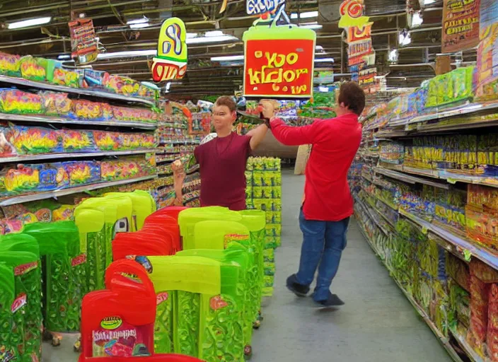 Prompt: the episode of supermarket sweep where the aisles are filled with nickelodeon slime hd