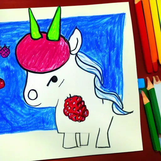 Prompt: kindergartener's drawing of a unicorn holding a raspberry in a hat, very colorful, light blue background