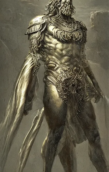 Image similar to zeus god, wearing thunder armor, ancient greek ornamented armor, beksinski, weta workshop concept art