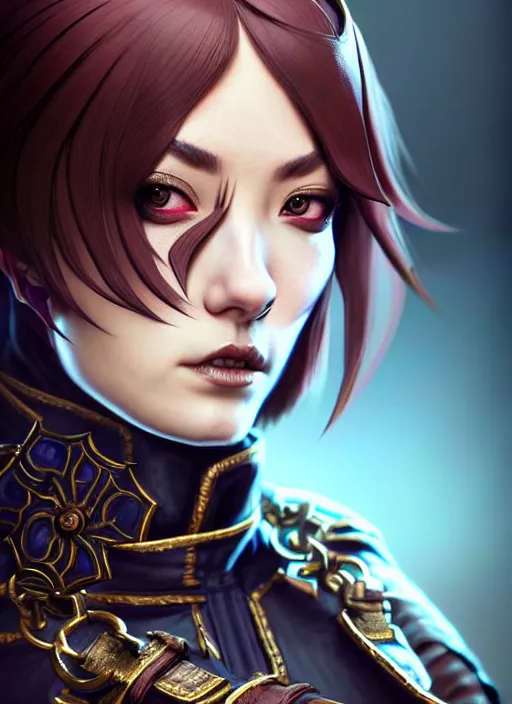 Image similar to rogue, fantasy ornate leather bandit outfit!!! close - up portrait beautiful and athletic short hair female!! gorgeous face and eyes!! character concept art, sharp focus, octane render! unreal engine 5! highly rendered!! trending on artstation!! detailed linework!! illustration by artgerm, wlop, and chie yoshii