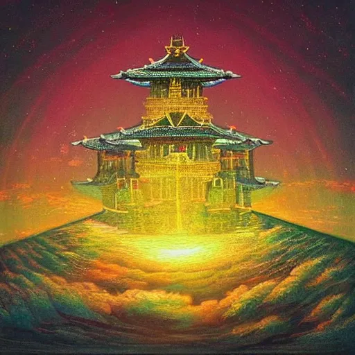 Prompt: “ a very detailed painting in the style of noriyoshi ohrai of an ancient holy tower, it is a glowing fortress and has iridescent mana radiating from it into the aether. it is centered. the background is the sky at dusk. retrofuturistic fantasy ”