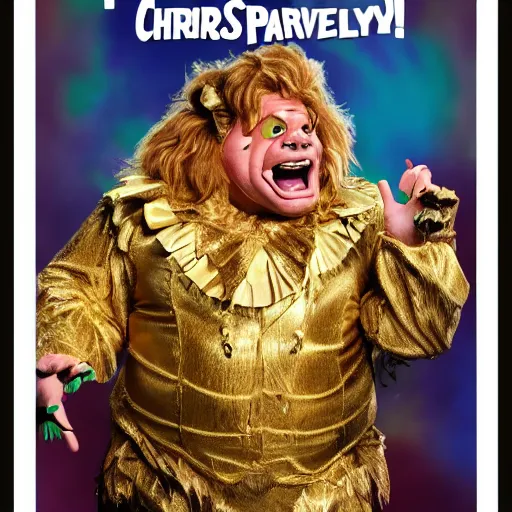 Image similar to snl chris farley as the cowardly lion of oz, studio poster photography, trending on artstation, featured on deviantart, award winning costume