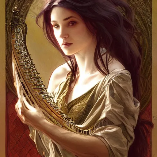 Image similar to a strange harp, d & d, fantasy, intricate, elegant, highly detailed, digital painting, artstation, concept art, smooth, sharp focus, illustration, art by artgerm and greg rutkowski and alphonse mucha