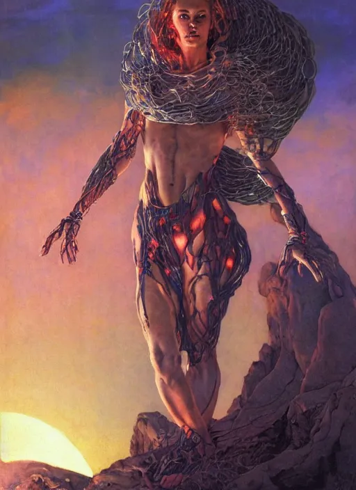 Image similar to biblical beautiful female druid android, bright glowing veins, in clouds, in front of a black hole, sunset, studio light, by mikhail vrubel, by gerald brom, by peter elson, muted colors, extreme detail, reflections, trending on artstation, 8 k
