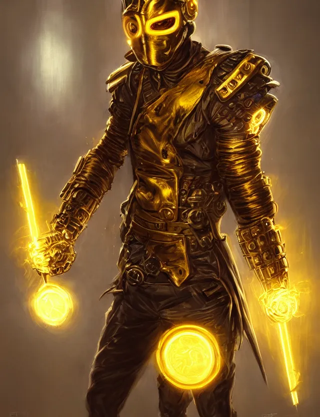 Prompt: a masked cyberpunk warrior in golden armour with a glowing golden gauntlet, surrounded by crackling golden lightning and energy, by frank fazetta and peter mohrbacher, trending on artstation, digital art, 4 k resolution, detailed, high quality, sharp focus, hq artwork, coherent, insane detail, concept art, character concept, character full body portrait