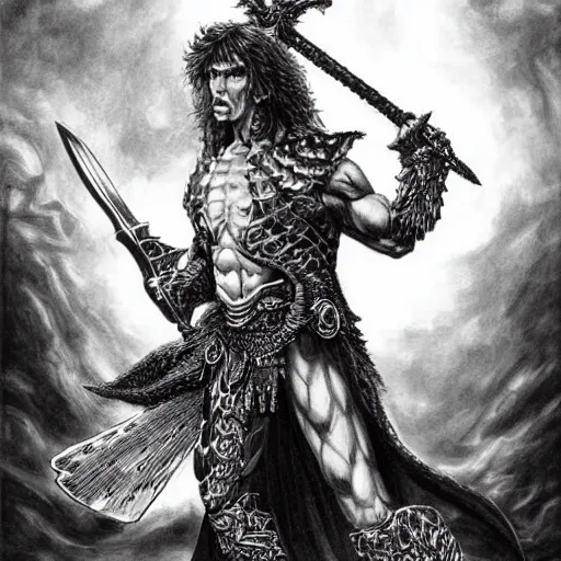 Image similar to arnold swarchenegger with giant sword, intricate detailed dark fantasy art by kentaro miura