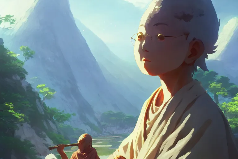 Prompt: ultra realistic, monk smoking, mountain, colors, 8 k, hd, details, fantasy, epic, ancient city, landscape illustration concept art anime key visual trending pixiv fanbox by wlop and greg rutkowski and makoto shinkai and studio ghibli and kyoto animation symmetrical facial features