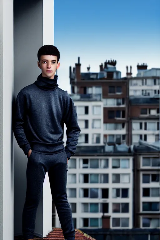 Image similar to un ultra high definition studio quality photographic art portrait of a young man standing on the rooftop of a british apartment building wearing soft padded silver pearlescent clothing. three point light. extremely detailed. golden ratio, ray tracing, volumetric light, shallow depth of field. set dressed.