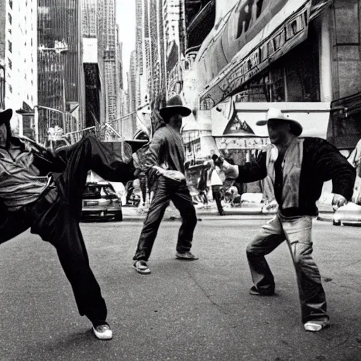 Image similar to film still of the 1995 movie 'Kung-Fu Cowboys of NYC'. Exciting kung-fu action scene. Sigma 85mm f/8