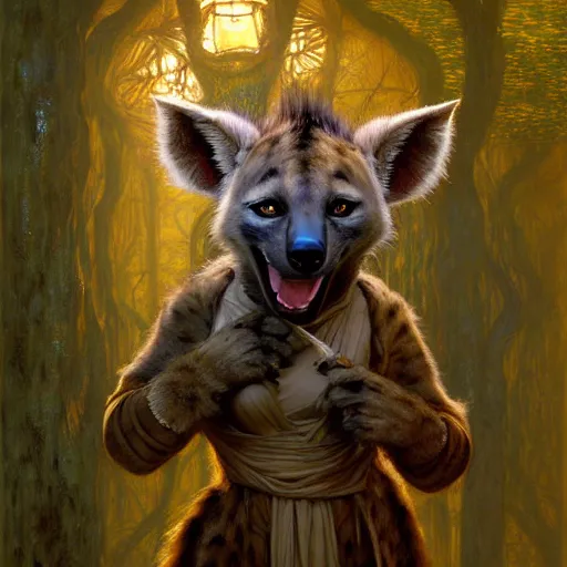 Image similar to a female hyena hyenawoman canine in robes alone in a dark forest. night zootopia fursona furaffinity furry art detailed face painting by gaston bussiere craig mullins jc leyendecker gustav klimt artgerm greg rutkowski furry