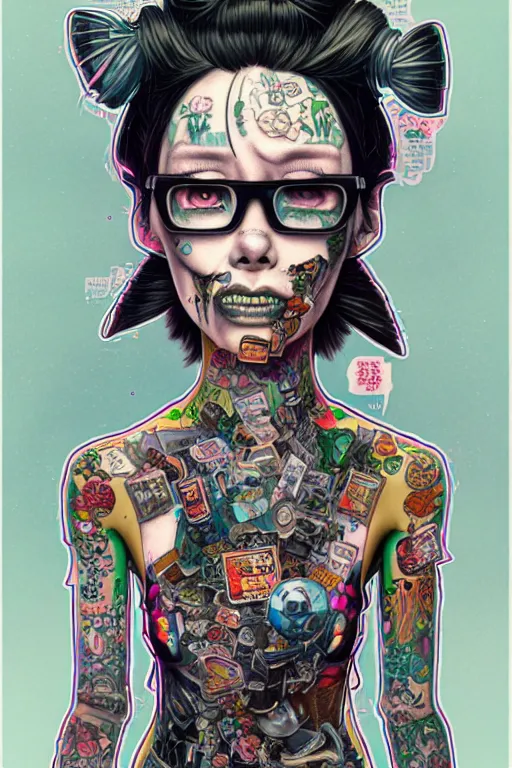 Image similar to full view, from a distance, of anthropomorphic trashcan who is a girl with tattoos from the novel neuromancer by william gibson, style of yoshii chie and hikari shimoda and martine johanna, highly detailed