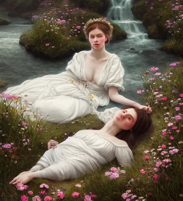 Image similar to baroque portrait of a icelandic princess in a white dress, lying down in a river made of thousands of flowers, cinematic lighting, photorealistic, octane render, 8 k, depth of field, art by artgerm and greg rutkowski and alphonse mucha and uang guangjian