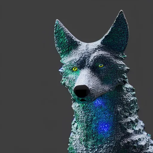 Prompt: portrait photography of a emerald wolf sculpture with glowing purple eyes